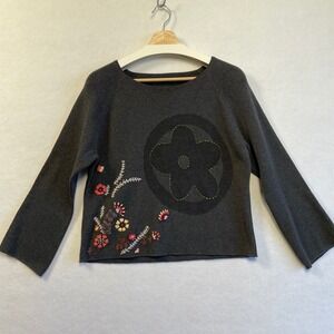 Stubborn Twig Design Whidbey Island Embroidered Floral Knit Sweater Gray Womens